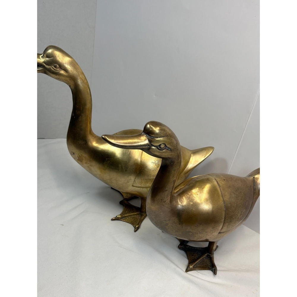 VTG Brass Duck Geese LARGE Figurines Pair MCM Farmhouse Cottagecore Grandmacore - Picture 3 of 10